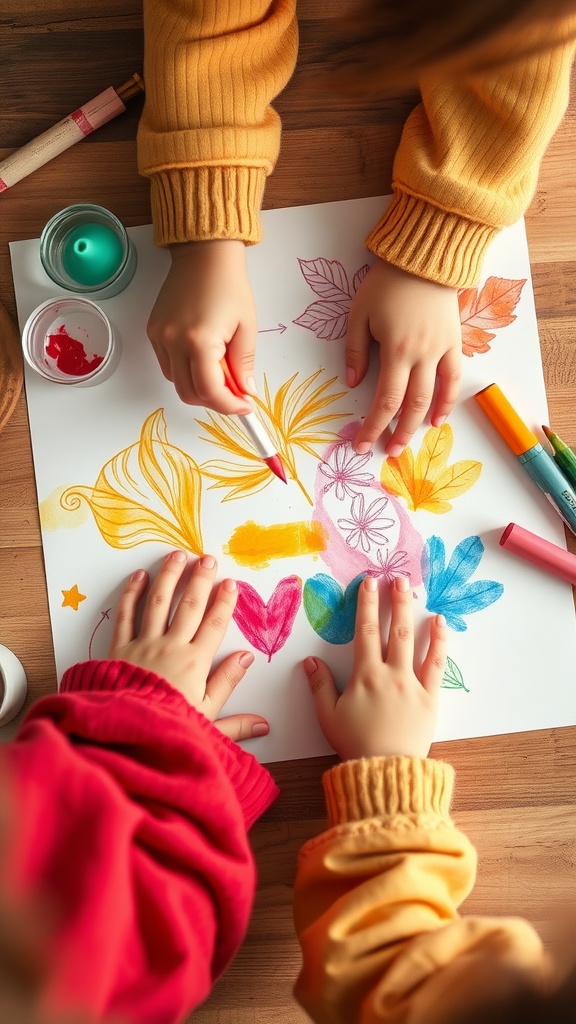 Children's hands engaged in watercolor resist art with crayons and watercolors