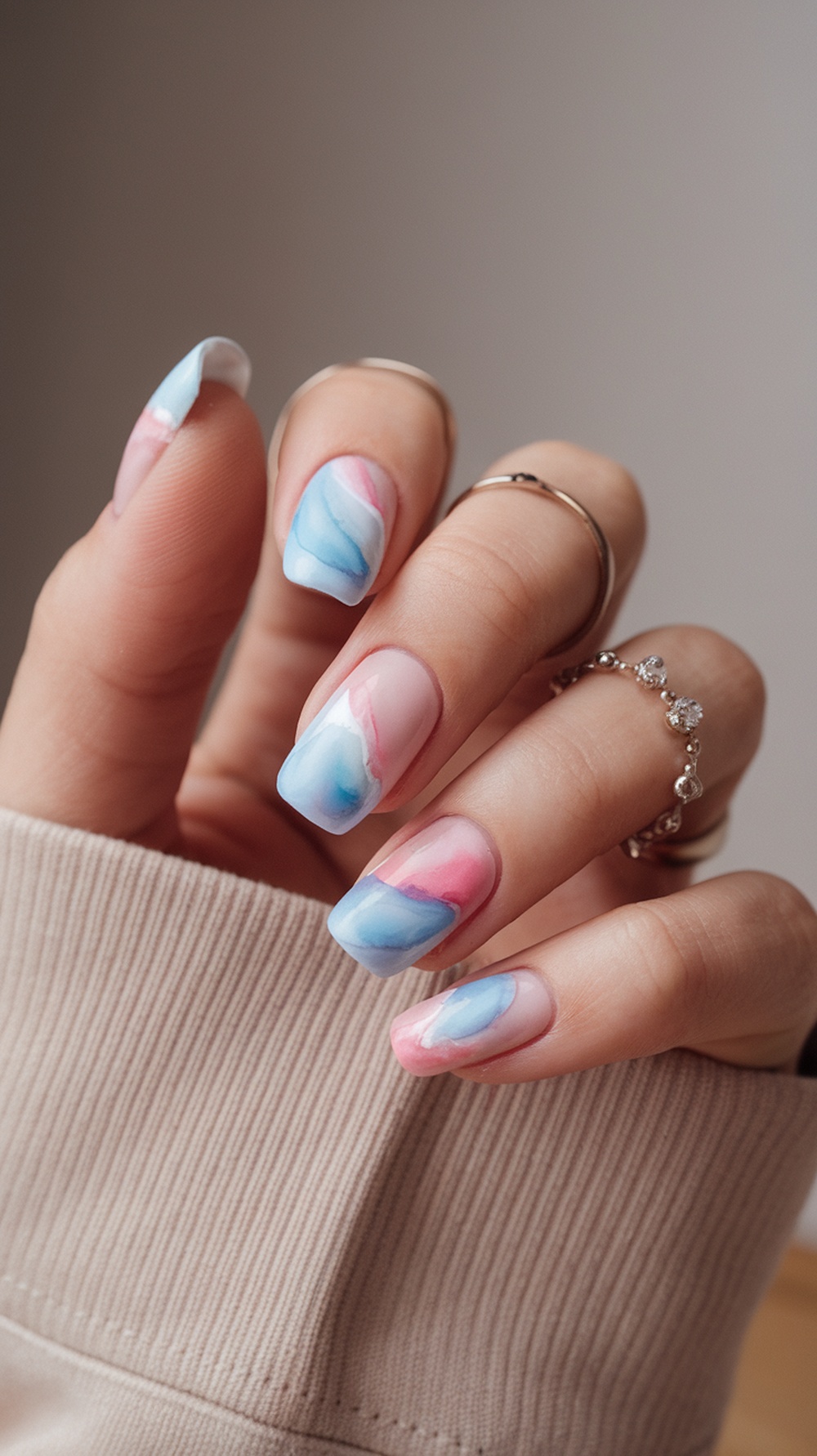 Close-up of hands with watercolor swirl nail art in blue and pink colors.