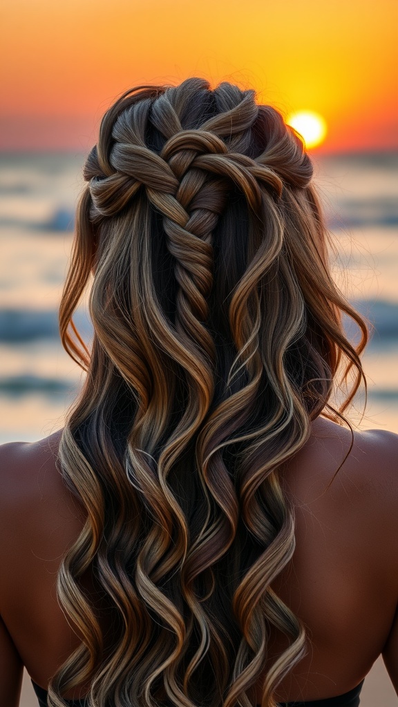 A woman with a waterfall braid hairstyle, showcasing loose waves and a sunset in the background.