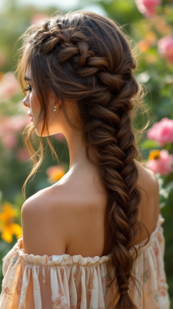 Woman with a waterfall braid hairstyle in a floral background