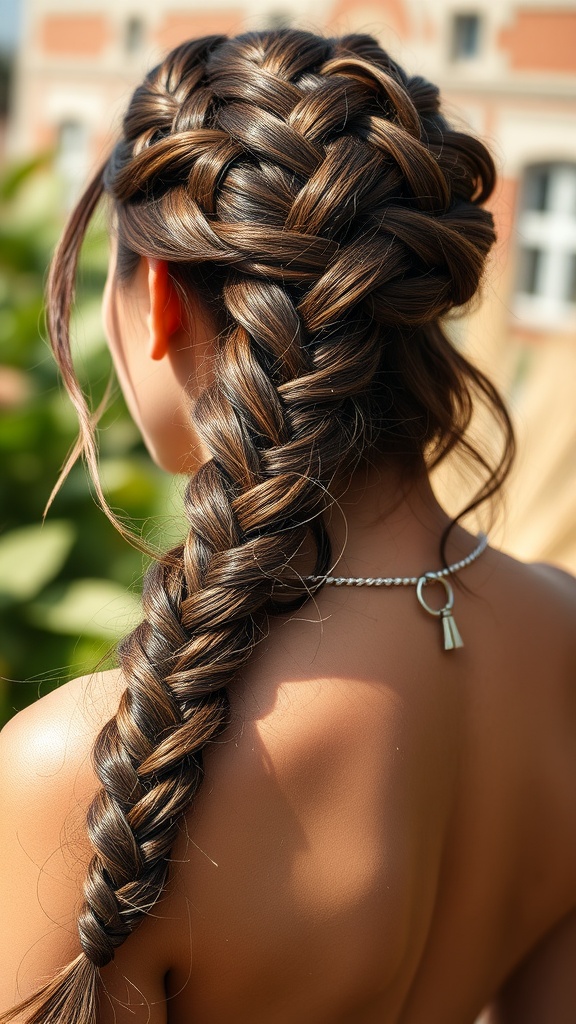 A woman with a beautiful waterfall braid hairstyle showcasing long hair in a sunny outdoor setting.