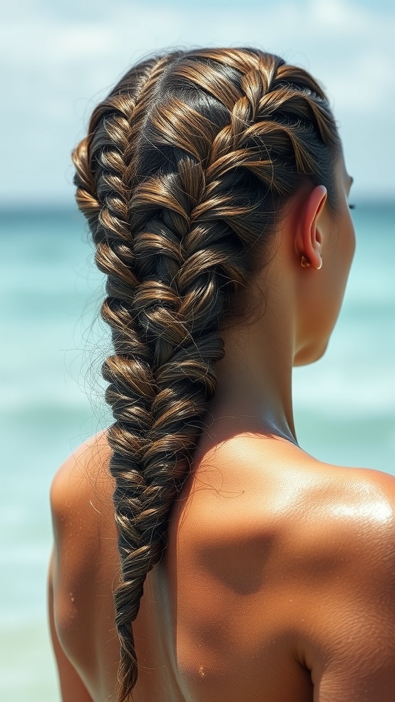 A model with a waterfall braid hairstyle, showcasing a romantic look by the beach.