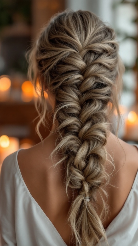 A beautiful waterfall braid hairstyle, showcasing a romantic look with loose strands and a cascading effect.