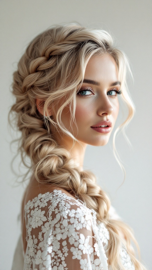 A woman with a beautiful waterfall braid hairstyle, showcasing soft waves and elegance.