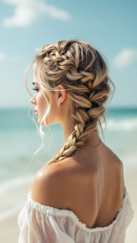 A woman with long hair styled in a waterfall braid standing by the beach
