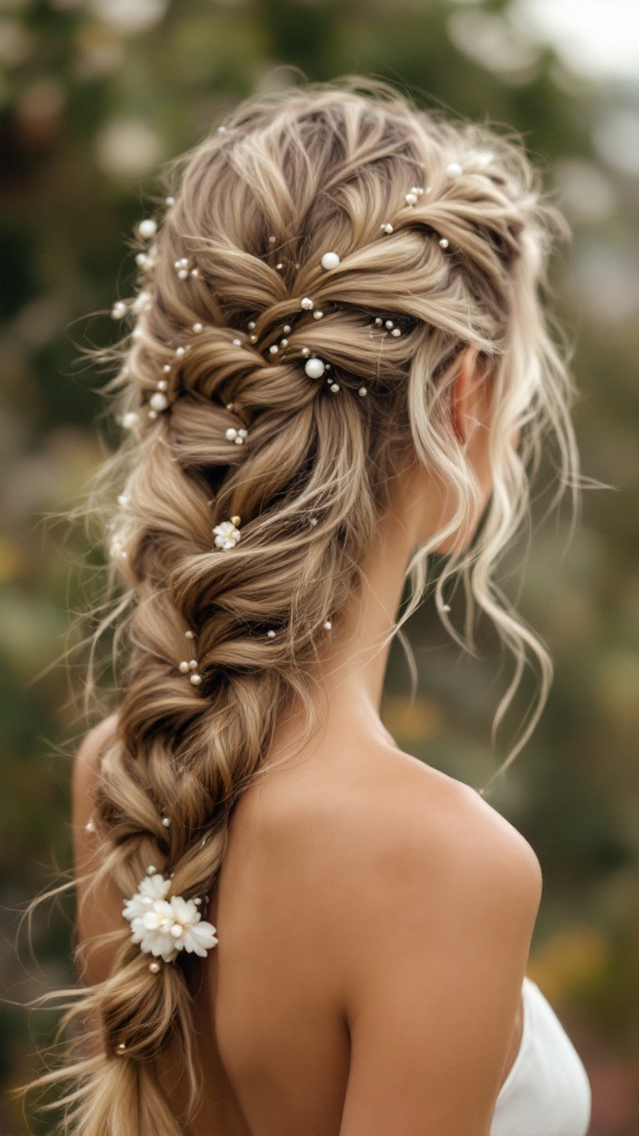 A woman showing a waterfall braid hairstyle with beaded accents and white flowers.