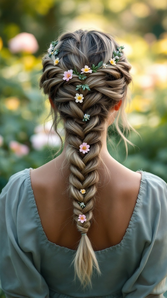 A back view of a hairstyle featuring a waterfall braid decorated with small flowers and greenery.