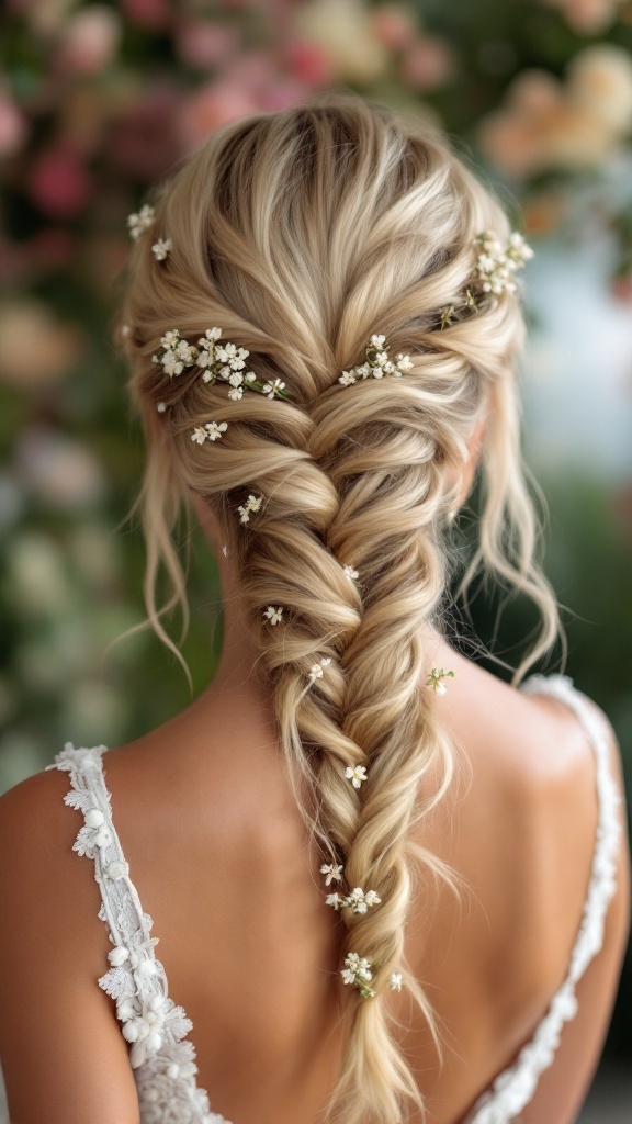 A waterfall braid hairstyle with floral accents, featuring blonde hair and tiny white flowers woven into the braid.