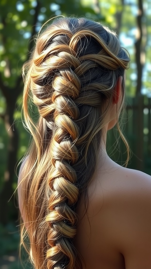 A beautifully styled waterfall braid with layered hair in a natural setting.