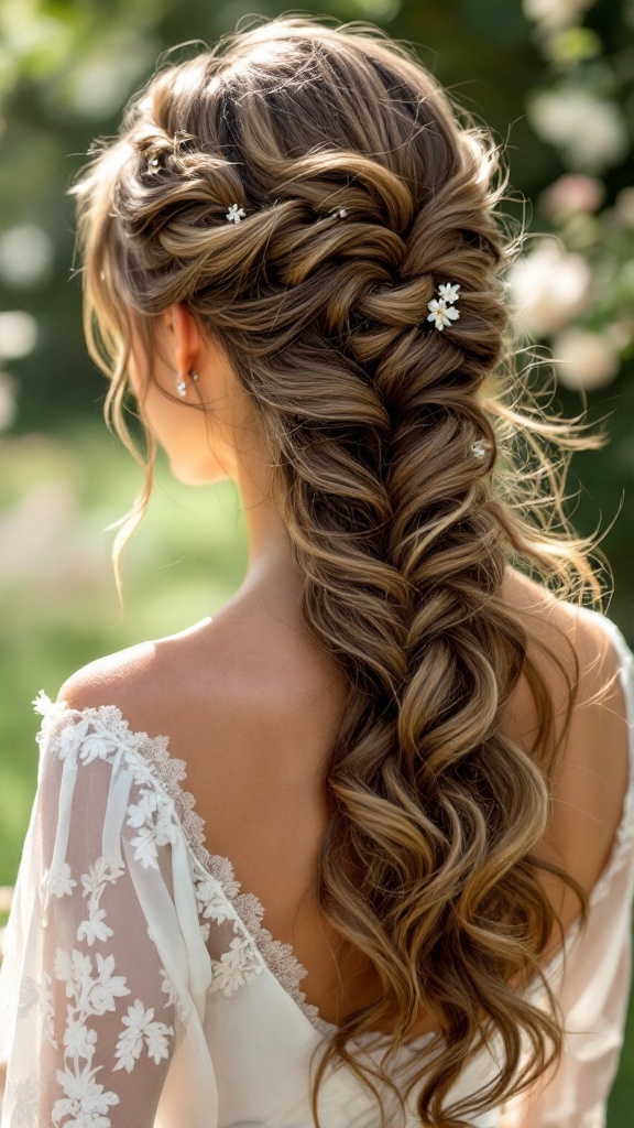 A woman with a waterfall braid hairstyle adorned with loose waves and small flowers.