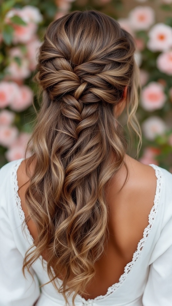 A beautiful waterfall braid with soft curls, set against a backdrop of blooming flowers.