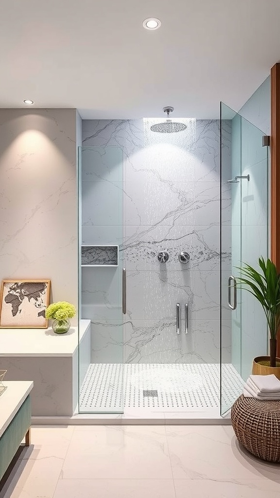 Modern walk-in shower with waterfall feature and marble walls