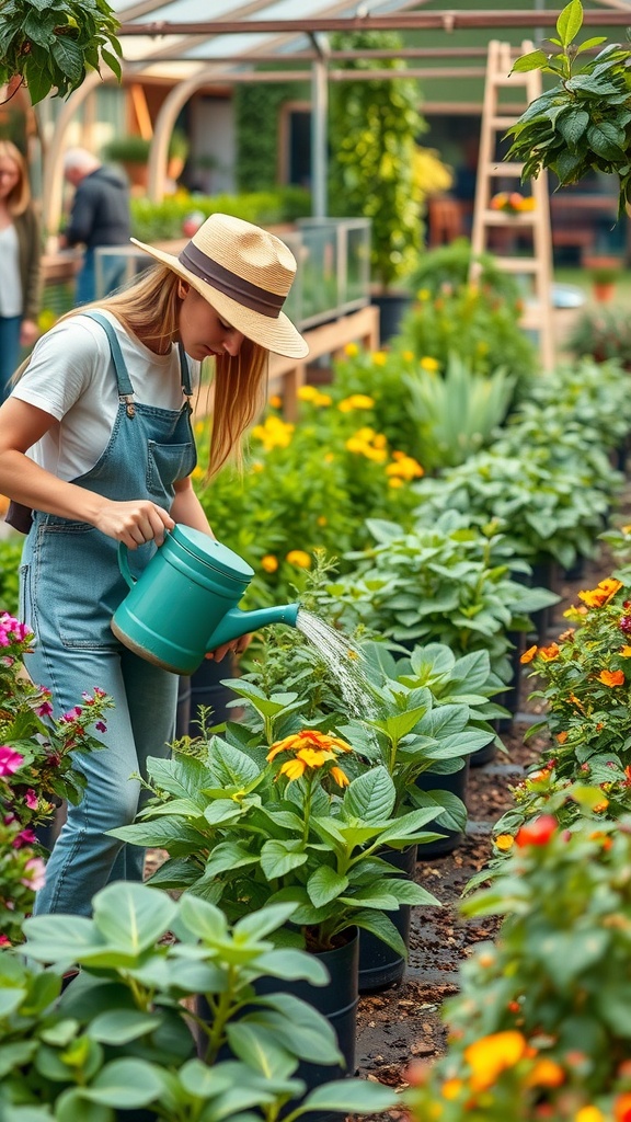 A woman watering plants in a nursery, dressed casually with a straw hat, surrounded by colorful flowers and greenery.
