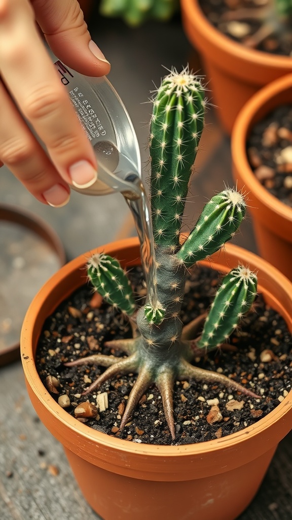 A person watering a cactus in a pot with a measuring cup.