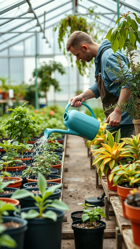 A person watering plants in a greenhouse with a blue watering can.