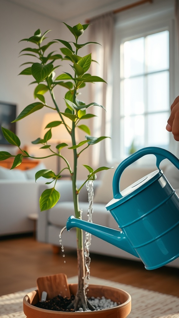 A tall house plant being watered with two watering cans in a cozy living room setting.