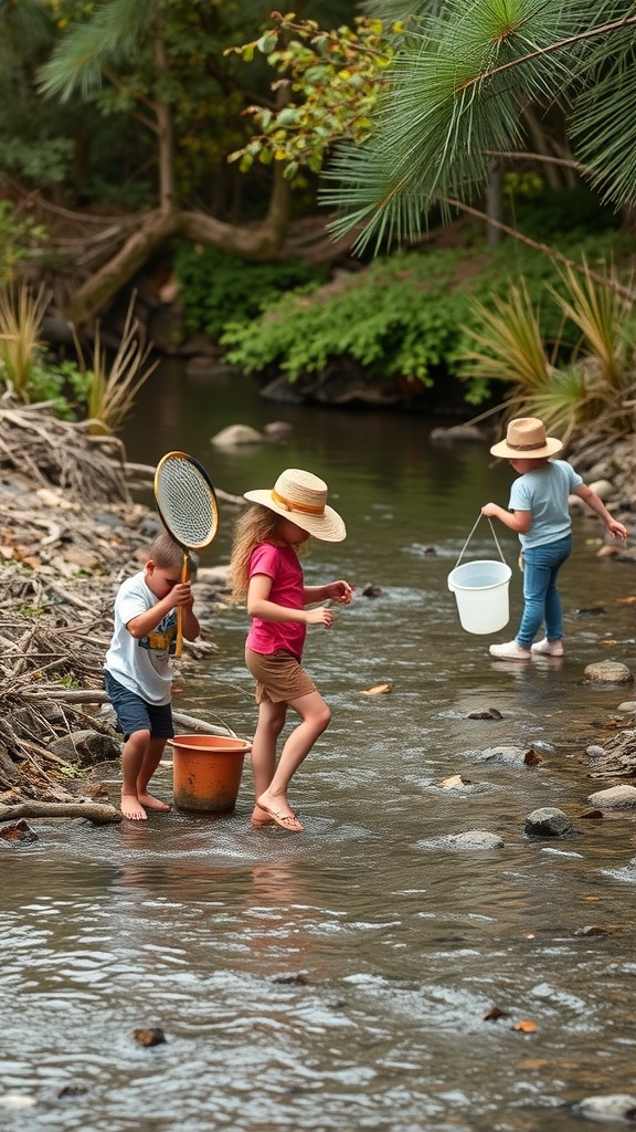 Children exploring a shallow waterway, collecting items and enjoying nature.