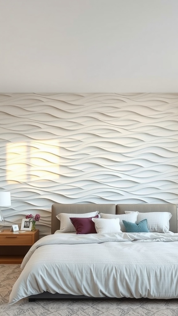 Bedroom featuring wave pattern wall panel behind a bed with soft bedding and decorative pillows
