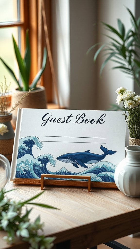 A guest book with wave and whale designs, placed on a wooden stand with plants and flowers around.