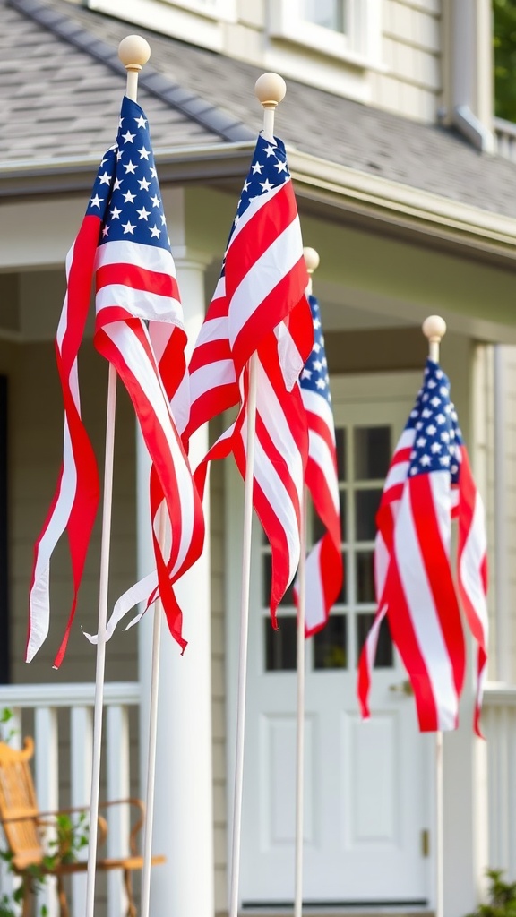 A row of waving American flag windsocks in front of a house