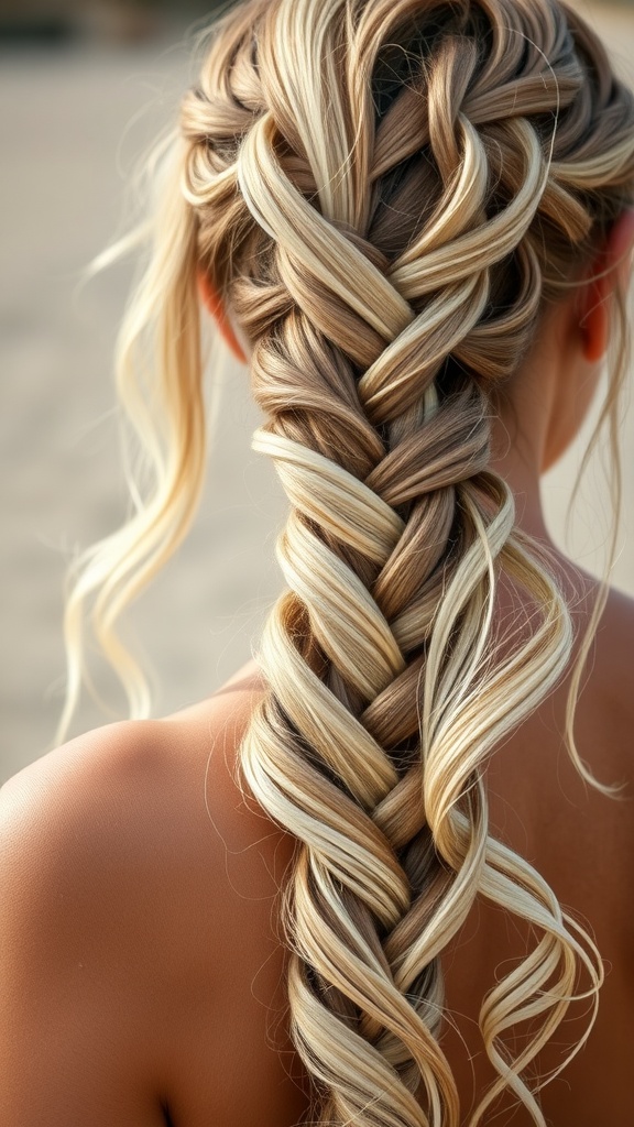 A close-up of a wavy crown braid hairstyle, showcasing a mix of blonde and brown hair with soft waves.