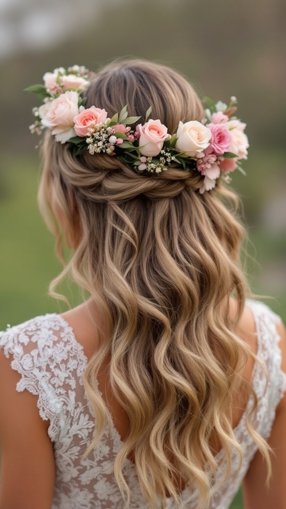 A close-up of wavy hair adorned with a floral crown featuring pink roses and greenery.