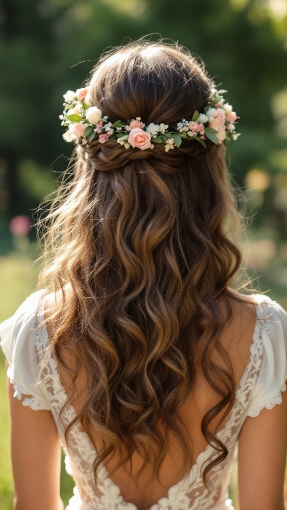 A woman with wavy hair adorned with a floral headband, showcasing a romantic hairstyle perfect for bridesmaids.