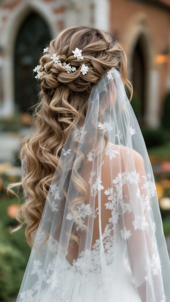 A bride with wavy hair styled in an elegant updo, adorned with a vintage veil and floral accents.