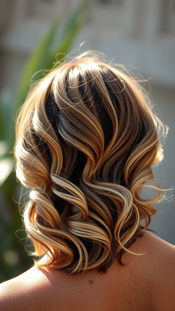 Back view of wavy hair with subtle balayage, showing variations in color and texture.
