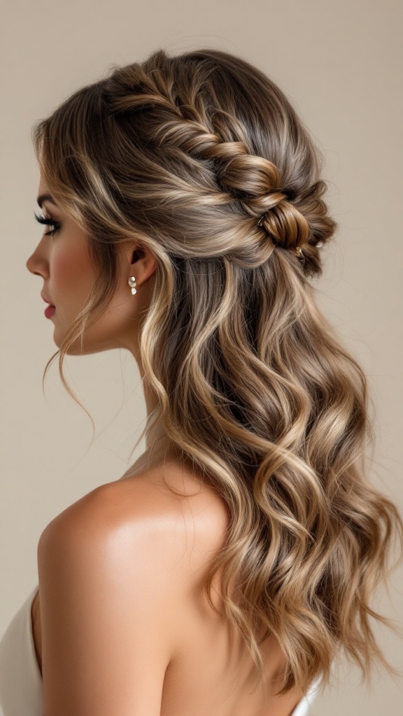 A woman with wavy half-up, half-down hairstyle featuring braids, styled elegantly for a high neck dress.