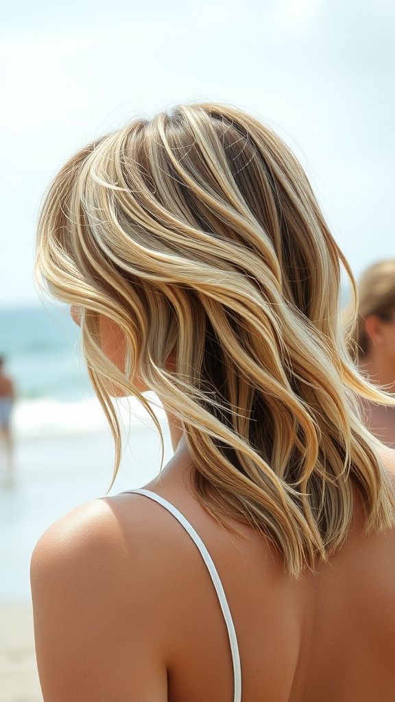 Back view of a woman with wavy lob hairstyle at the beach