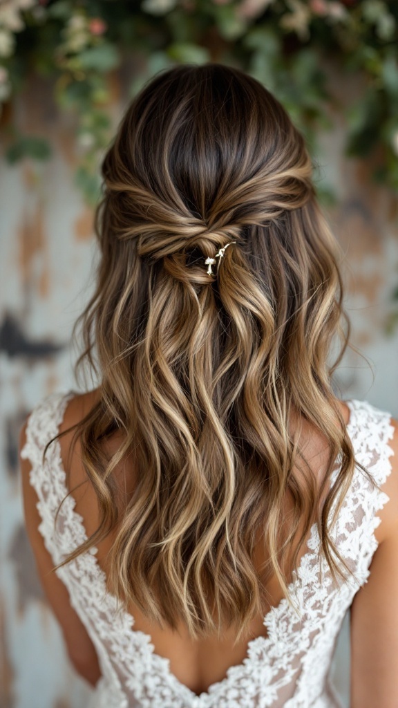 A back view of a wavy lob hairstyle adorned with subtle highlights and a delicate hair clip.