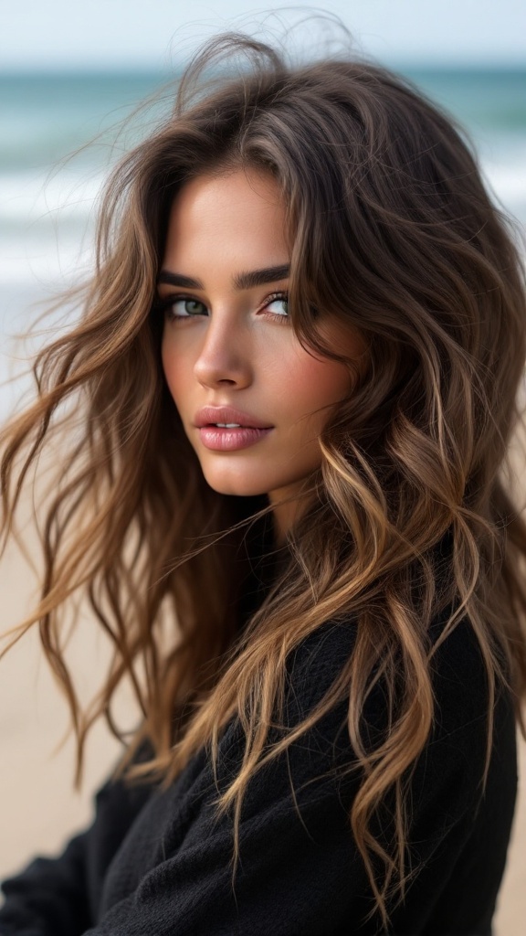 A woman with wavy lob hairstyle and wispy bangs, looking at the camera with a beach background.