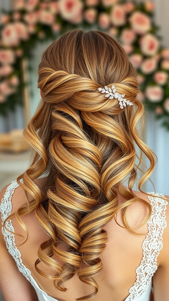 A woman with long, wavy hair styled elegantly with a sparkling hair clip, set against a floral backdrop.