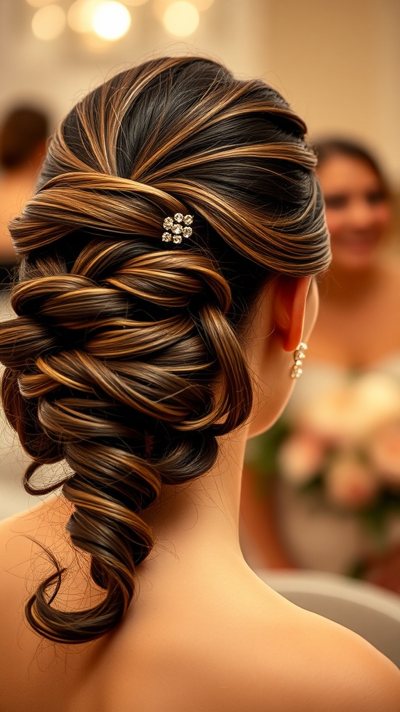 A close-up of a wavy ponytail hairstyle adorned with sparkling hairpins.