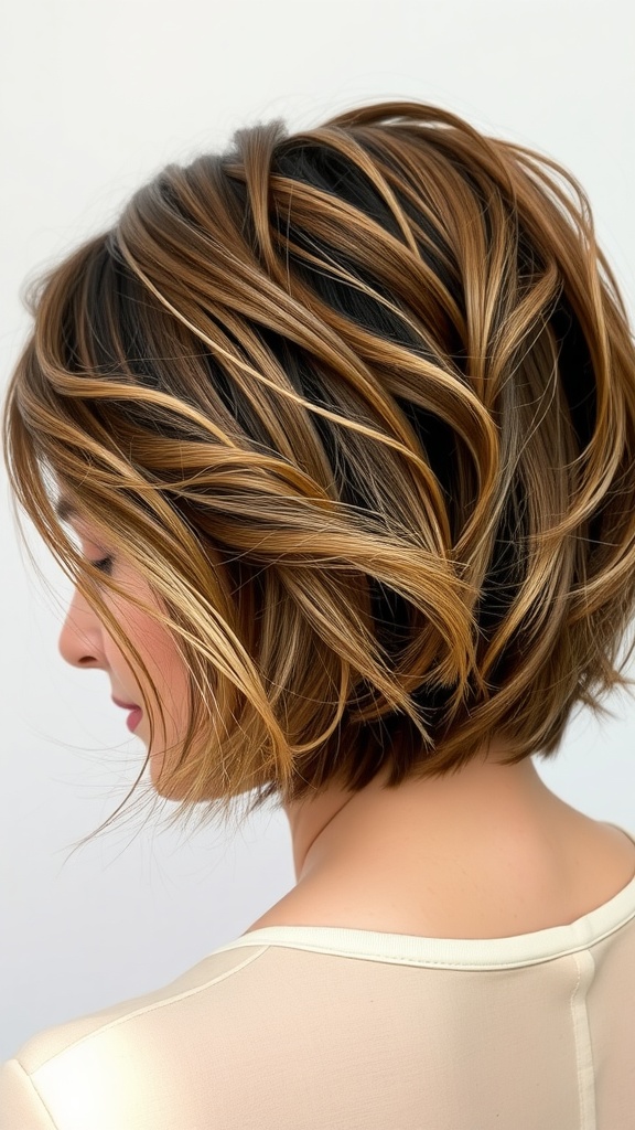 A woman with a wavy short shag hairstyle featuring layers and highlights.