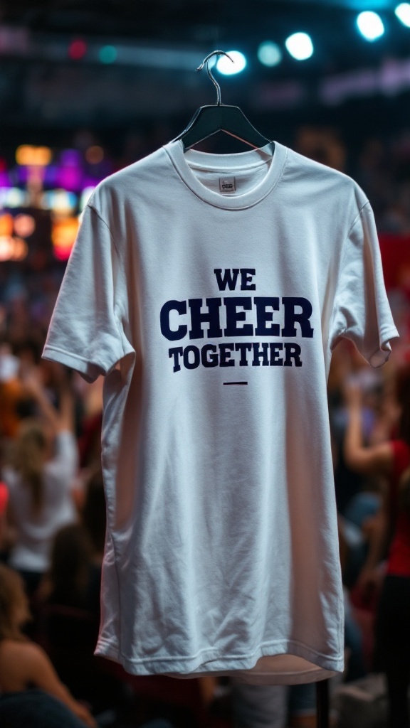 A white t-shirt hanging with the text 'WE CHEER TOGETHER' printed in bold navy letters.