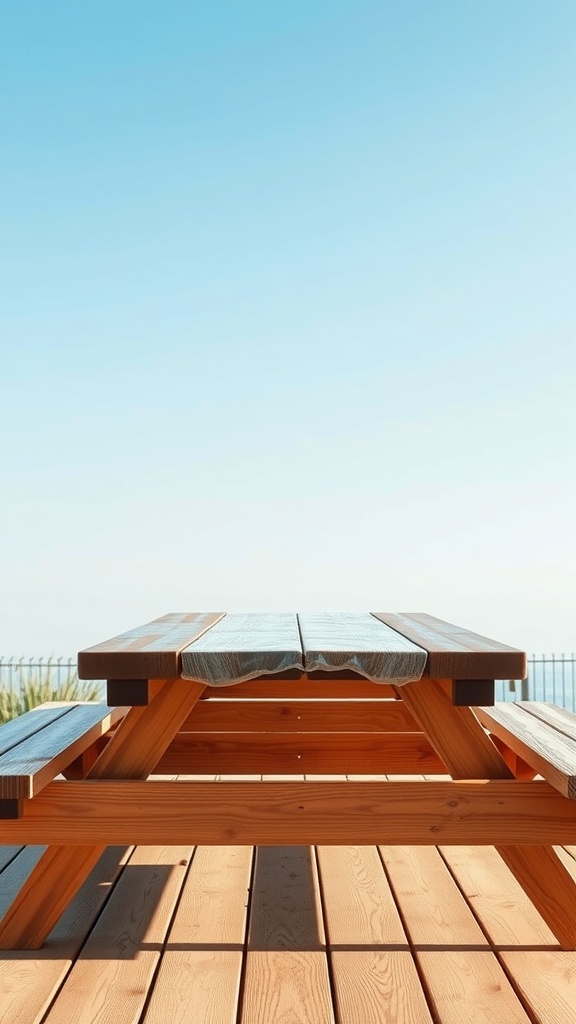 A low wooden picnic table on a deck under a clear blue sky