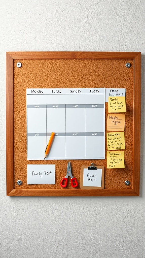 A cork board displaying a weekly planner with sections for each day, sticky notes, and scissors.