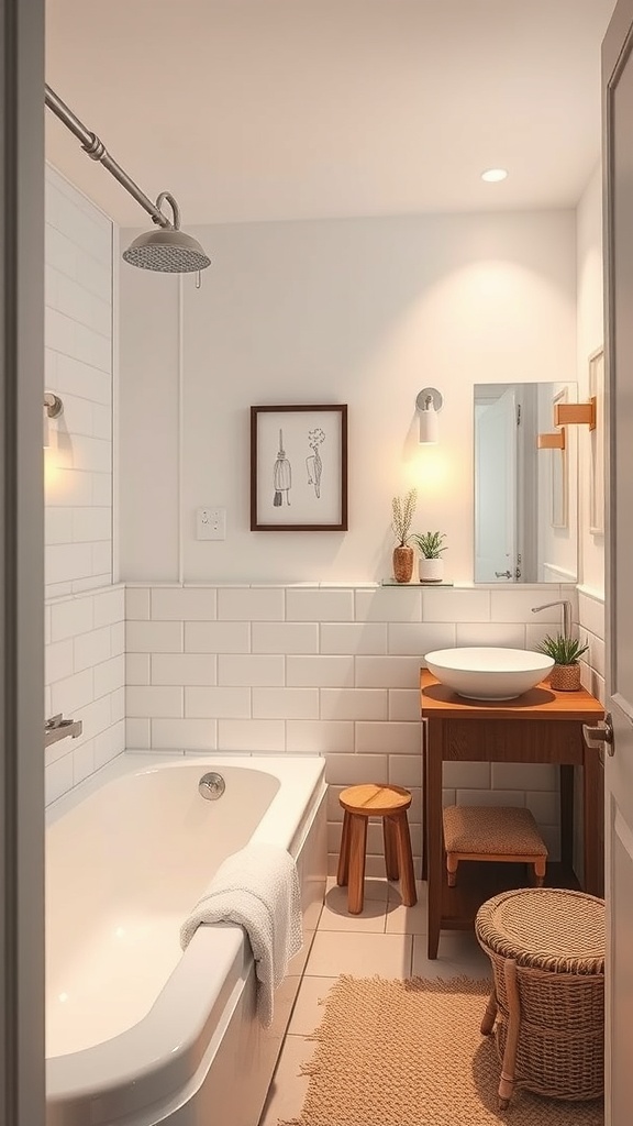 A small bathroom with well-placed lighting, featuring a bathtub, sink, and decorative elements.