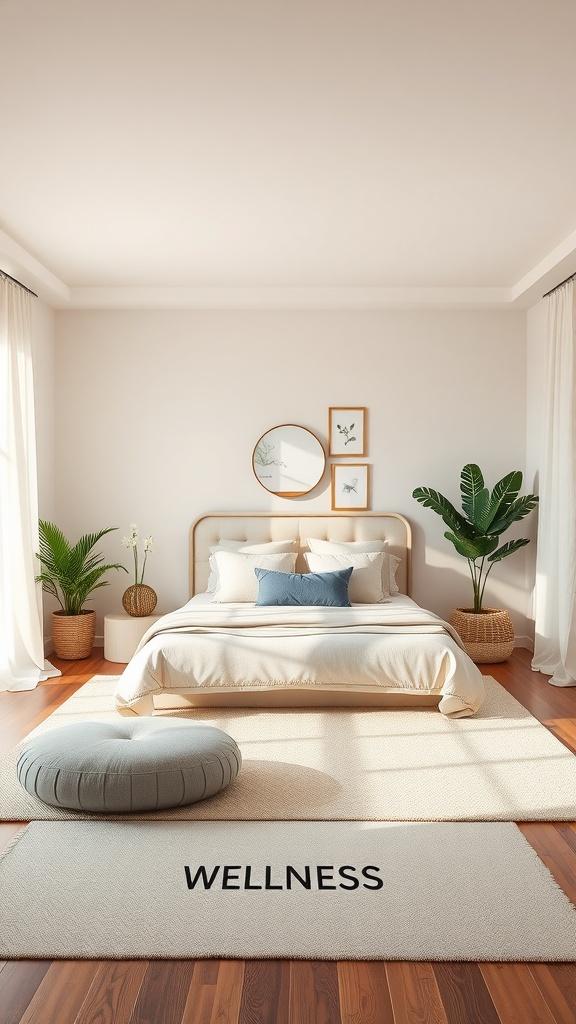 A serene and minimalistic bedroom with a focus on wellness, featuring a neutral color palette, plants, and a cozy atmosphere.