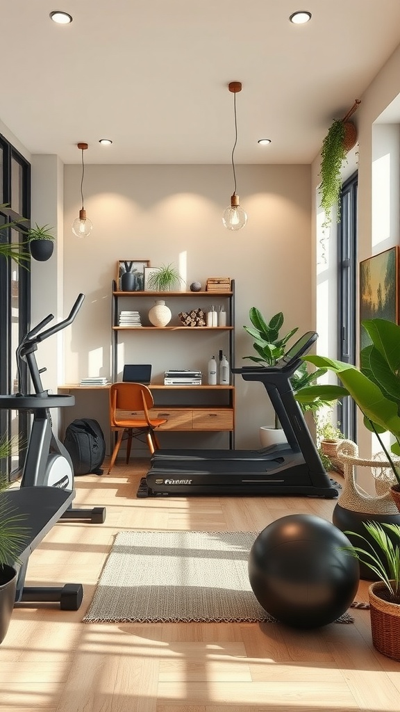 A bright and inviting home gym with exercise equipment, plants, and a small workspace.