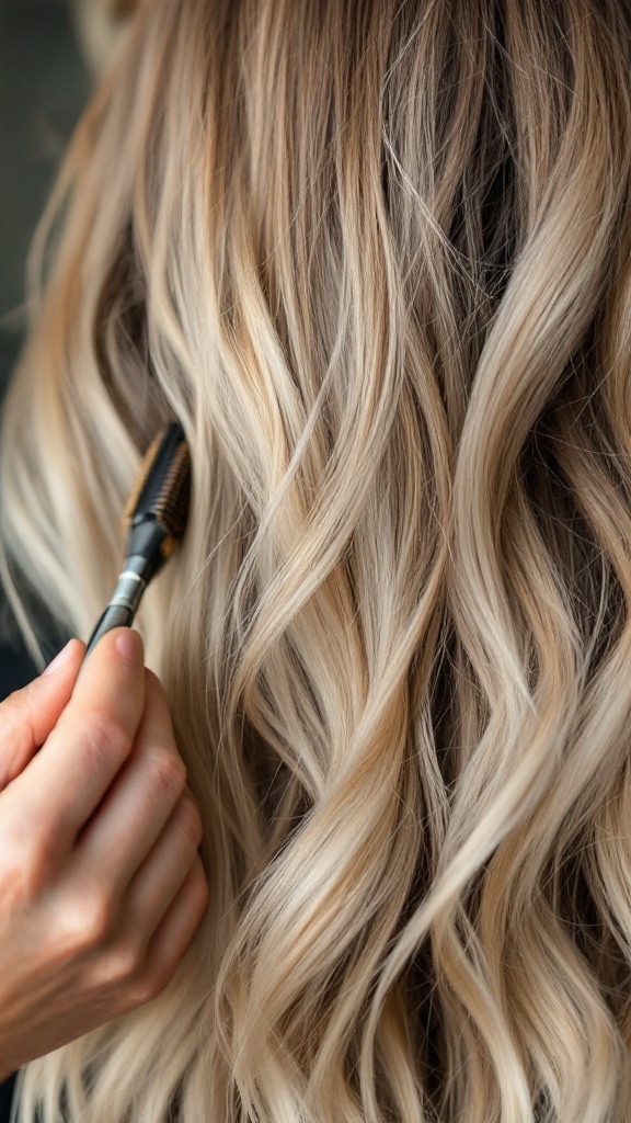 A stylist applying ash blonde balayage on wavy hair.