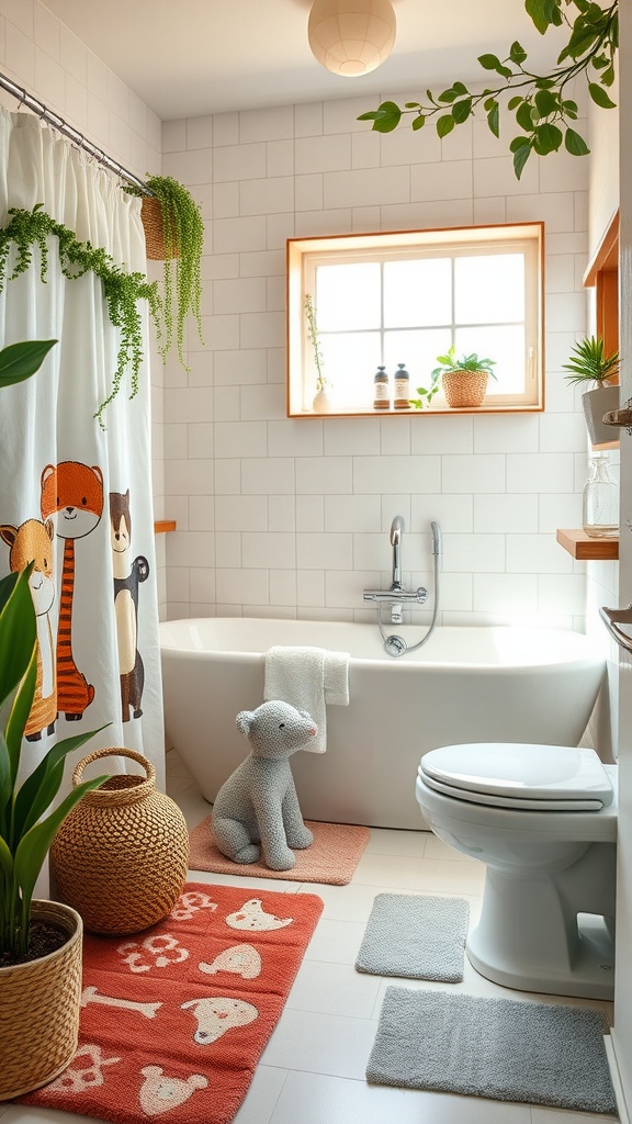 A kids' bathroom with an animal-themed shower curtain, plush animal figurine, and colorful rugs