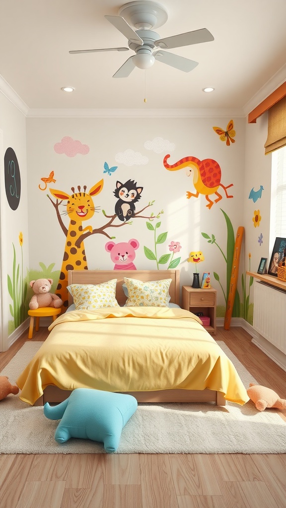A colorful kindergarten bedroom with animal-themed decor including walls painted with a giraffe, monkey, and elephant, complemented by yellow bedding and plush toys.