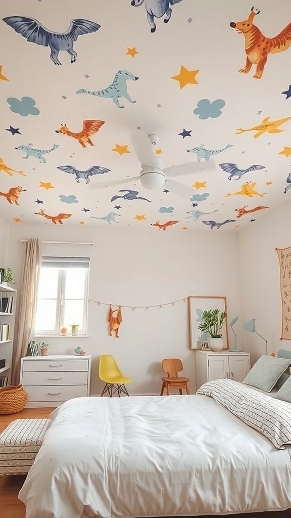 A bedroom with a painted ceiling featuring whimsical animal illustrations, including birds and dinosaurs, surrounded by stars and clouds.