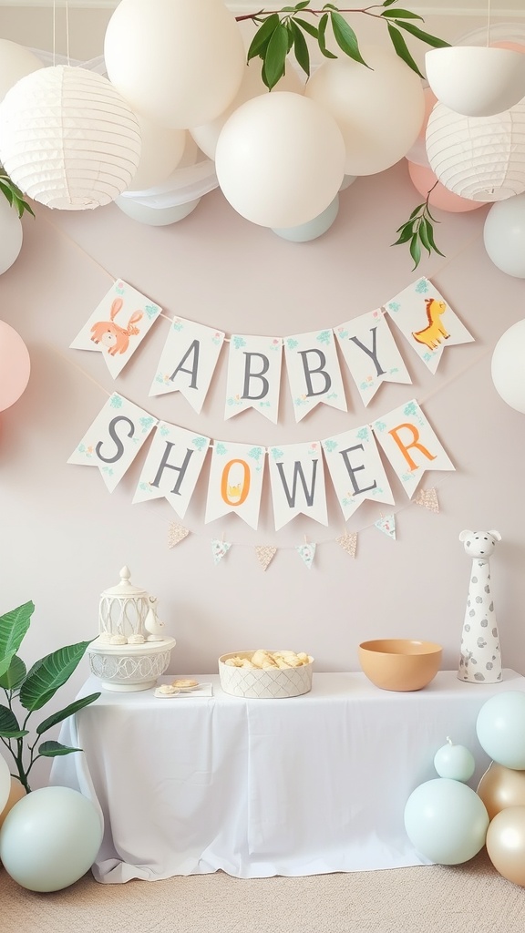 A baby shower setup featuring whimsical animal prints and colorful decorations.
