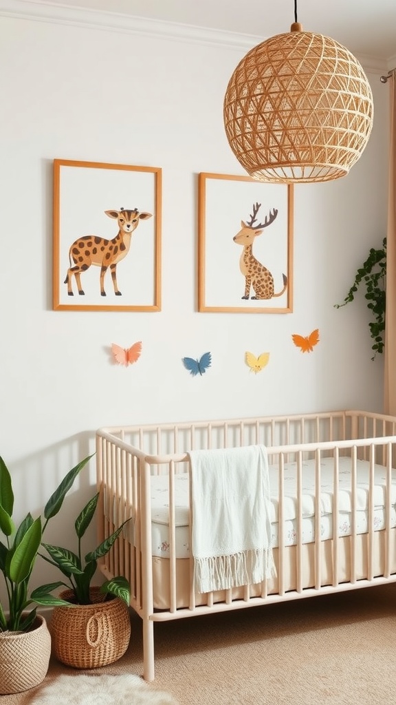 A cozy boho nursery featuring animal prints of a giraffe and a deer on the wall, with a crib and decorative butterflies.