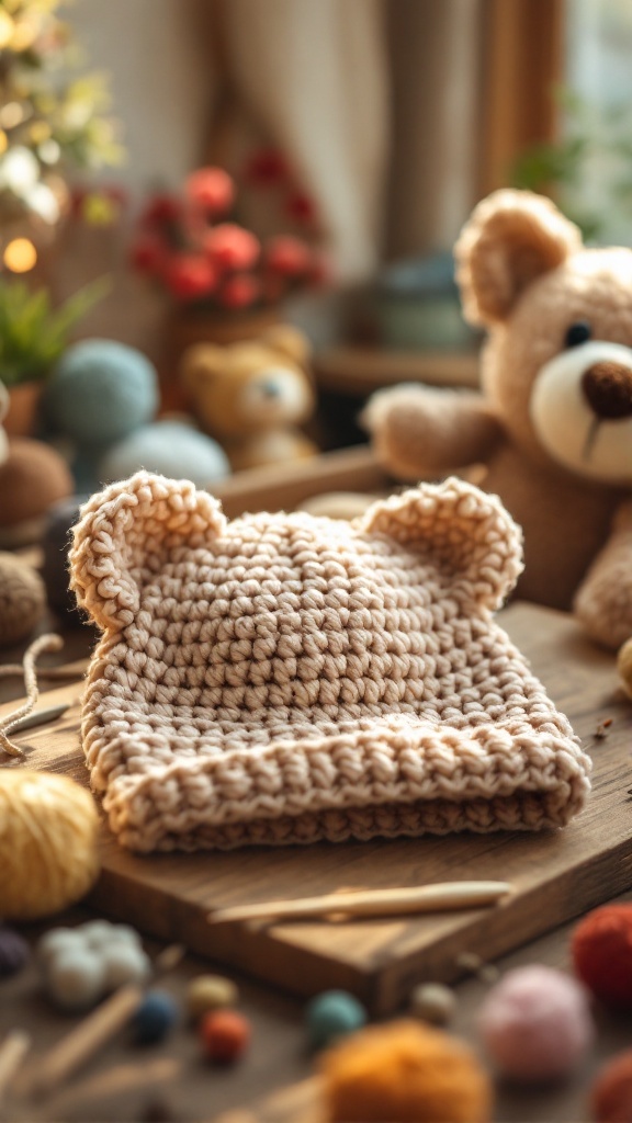 A crochet baby hat in the shape of a bear with ears, surrounded by colorful yarn and teddy bears.