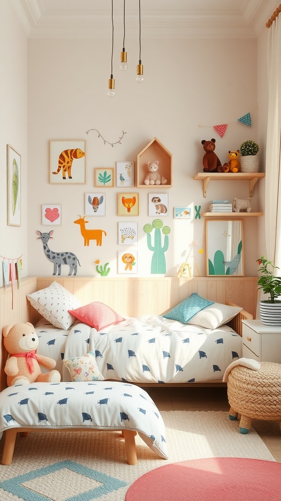 A cozy kids bedroom with whimsical animal themes, featuring colorful animal artworks, soft bedding, and a teddy bear.
